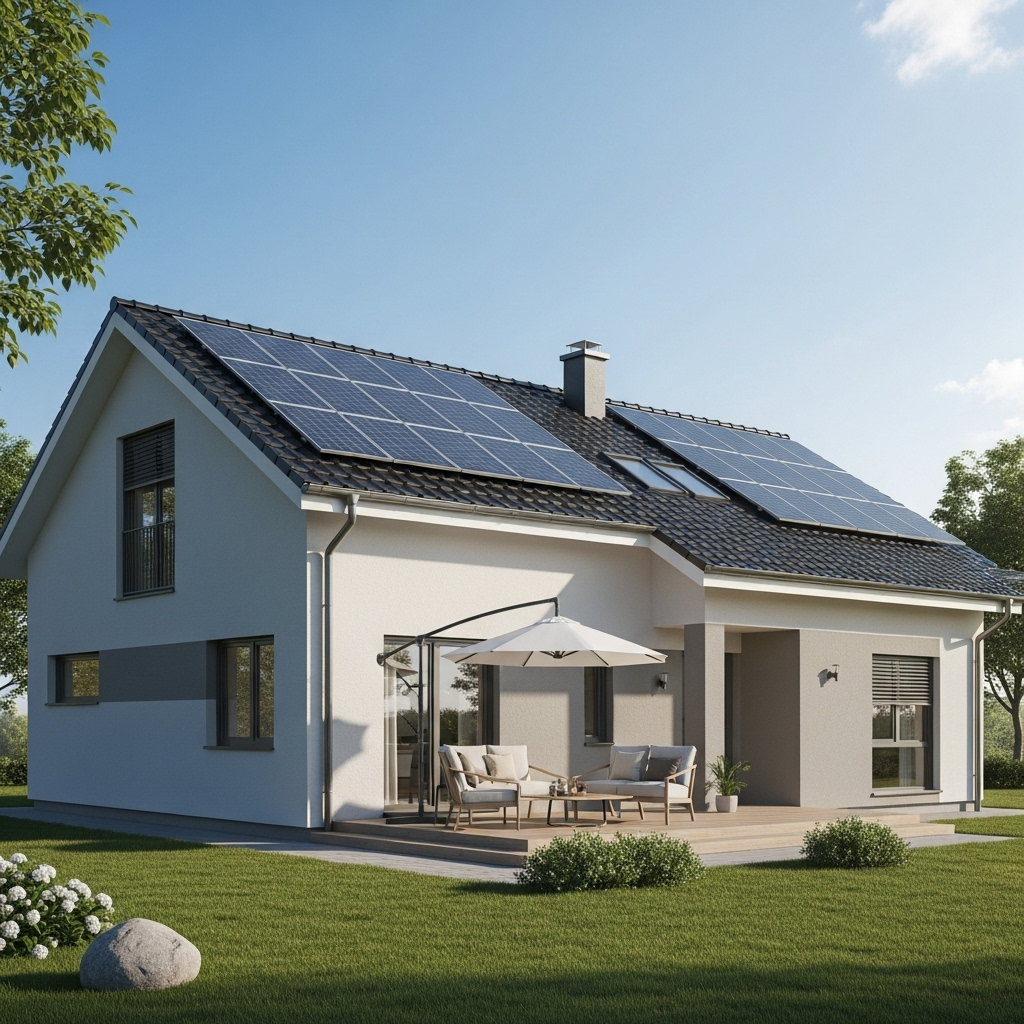 Maison moderne avec panneaux solaires sur le toit